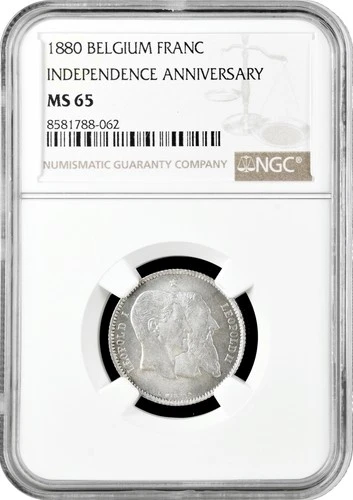 Belgium 1 franc 1880, NGC MS65, "50th Anniversary - Independence" silver coin