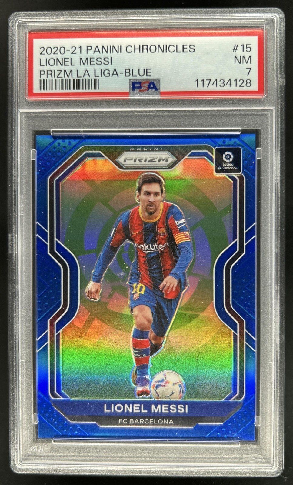 2020-21 Chronicles Lionel Messi Prizm La Liga Blue #/49 Barcelona PSA 7