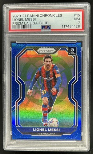 2020-21 Chronicles Lionel Messi Prizm La Liga Blue #/49 Barcelona PSA 7