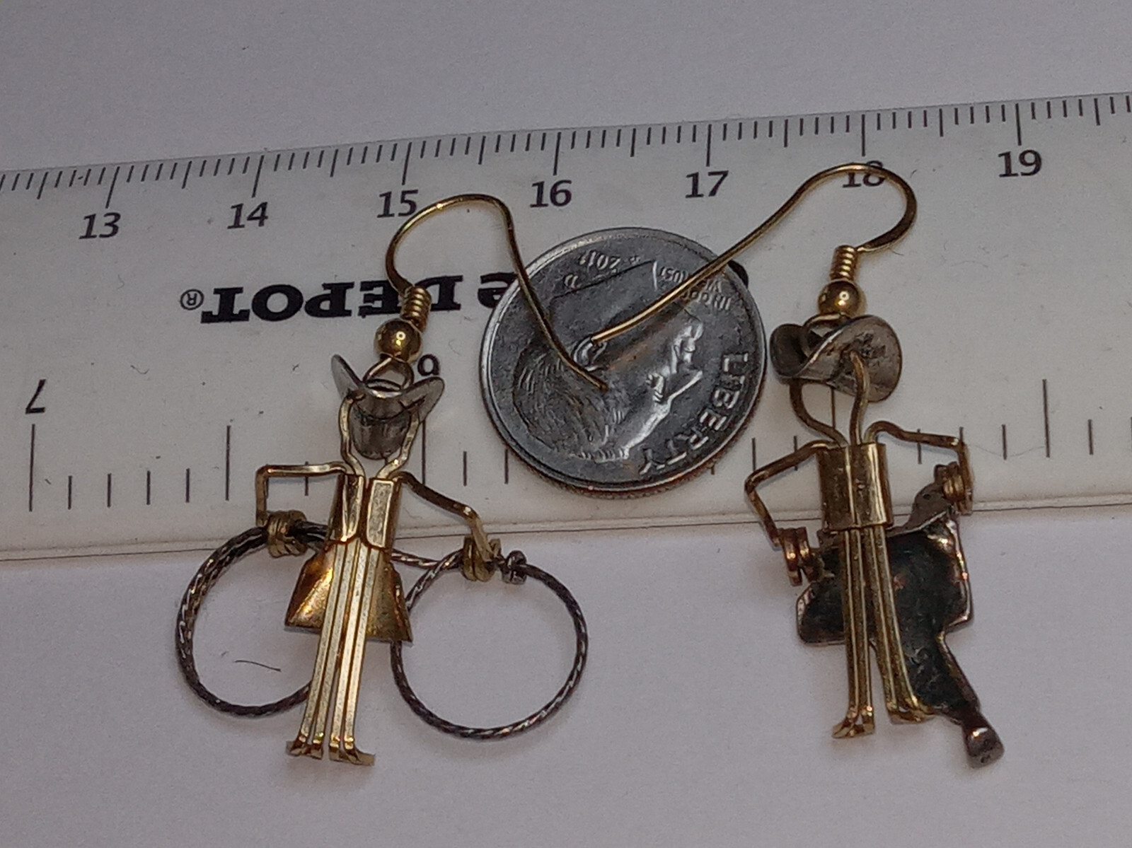 GOLD/SILVERTONE COWGIRL/BOY DANGLE HOOK EARRINGS 1 1/2"