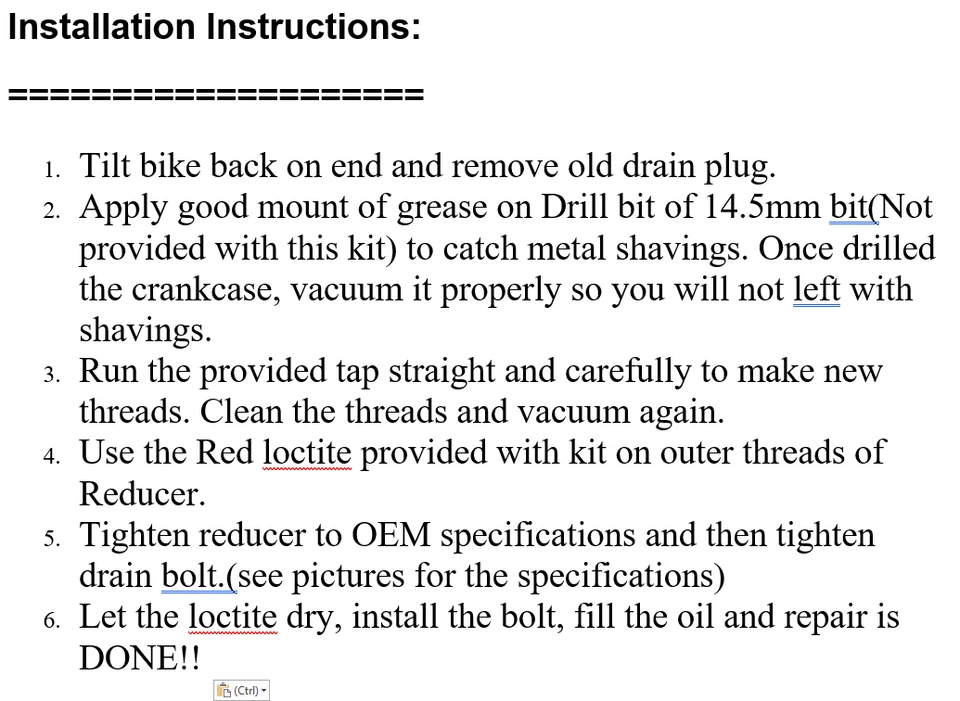 Yamaha Raptor 700 Reducer OIL DRAIN PLUG Bolt AFTER Minor Thread stripped Repair - Image 3 of 4