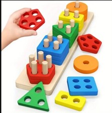 Wooden Educational Toy Sorting By Color Shape Stacking Puzzle 3 Toddler