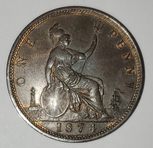 HIGH GRADE 1874  F-65  Obv 6, Rev G with CLASHED DIES - GB PENNY - AS IMAGED!! - Picture 1 of 2