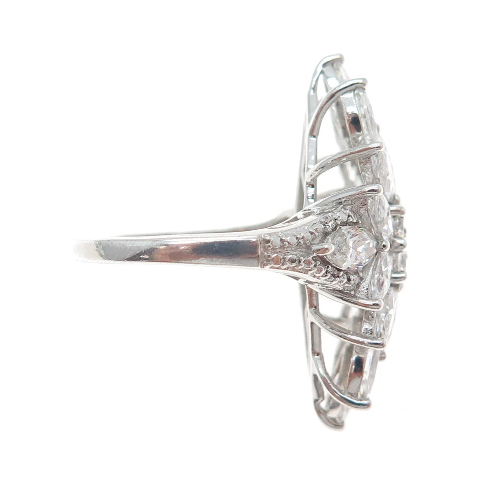 925 Sterling Silver Round & Marquise-Cut C Z Cluster Ring Size 9 - Image 4 of 4