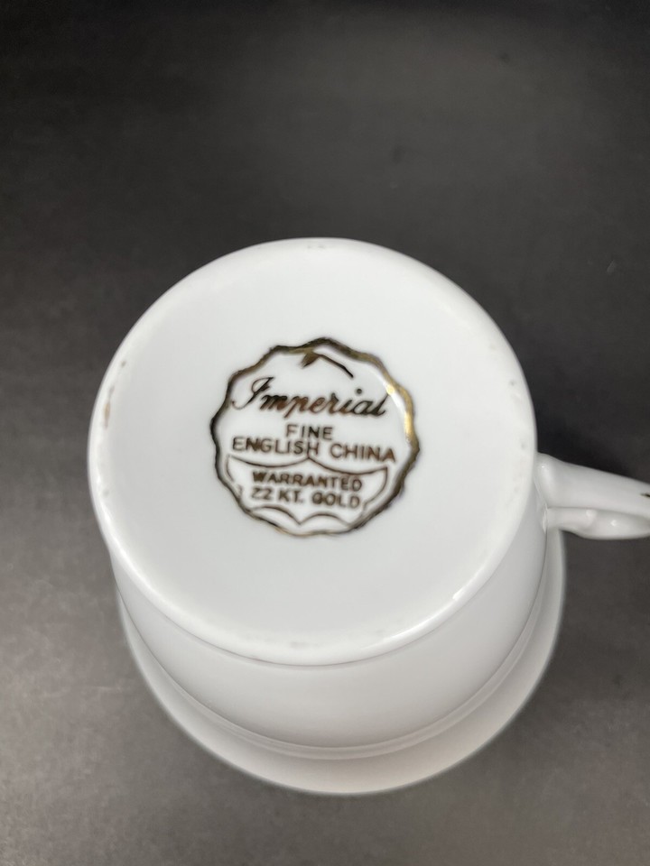 Imperial English China White Tea Cup & Saucer With 22kt Gold Rims