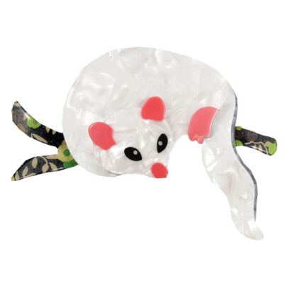 Lea Stein White Lemuroid Ringtail Possum (Yuwa) with Dark Pink Ears on Green Bra