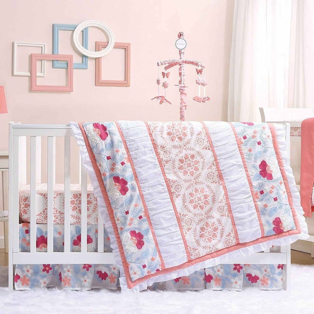 The PeanutShell 4Pc CRIB QUILT Set CAMILLA CORAL EMBROIDERY PINK