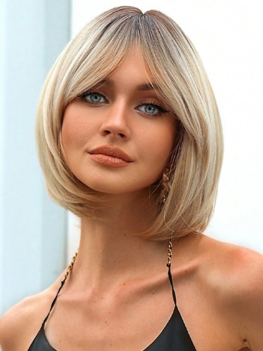 Women Ombre Wig, 14 Inch Short Bob Cut Ombre Wig Curtain Bangs Women's Wig