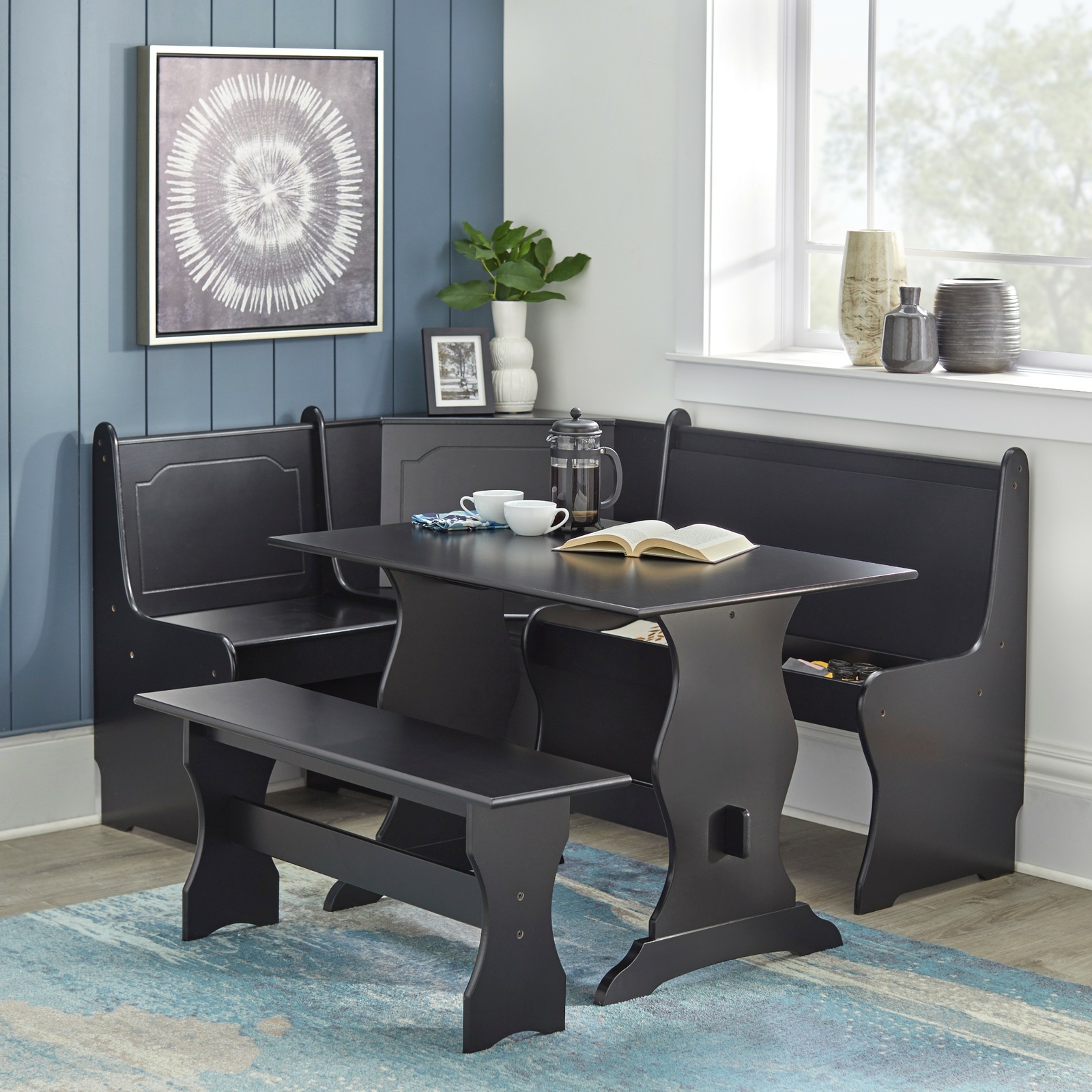 3 pc Black Wooden Breakfast Nook Dining Set Corner Booth Bench Kitchen ...