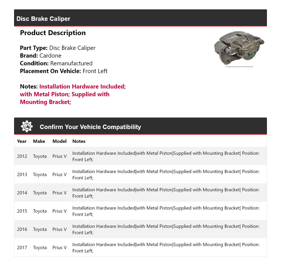 Pinza de freno de disco delantera izquierda Cardone 2013 2014 para Toyota Prius V 2012-2017 Foto 2 de 4
