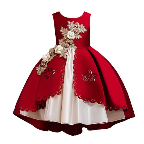 Kid Flower Girls Party Dress Princess 3D Embroidery Hollow Satin Wedding Costume - Picture 28 of 45
