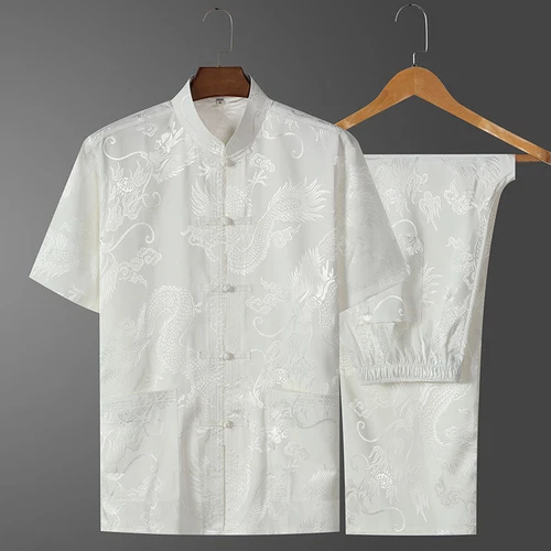 Men's Silk Satin Tang Shirt Tops Dragon Print Short Sleeve Chinese T-shirt Pants - Picture 7 of 16