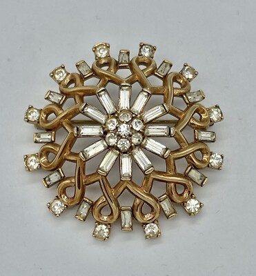 VINTAGE TRIFARI PHILIPPE ROSE GOLD BAGUETTE ROUND 1 3/4'' BROOCH PIN PAT PEND