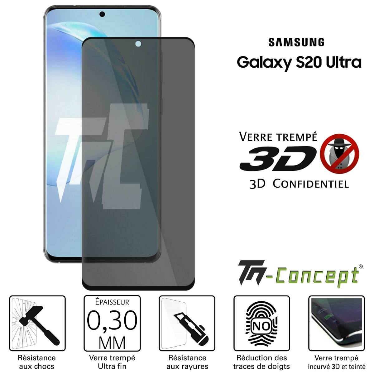 Verre trempé teinté 3D Privacy Samsung S20 Ultra noir idéal pour vos déplacements quotidiens