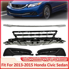 Front Bumper Grille + Molding + Fog Light Covers Fit 2013-2015 Honda Civic Sedan