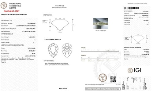 1.00 CT, E-VS1 Pear Cut Diamond,IGI Certified Diamond, CVD Lab Grown Diamond - Picture 3 of 3