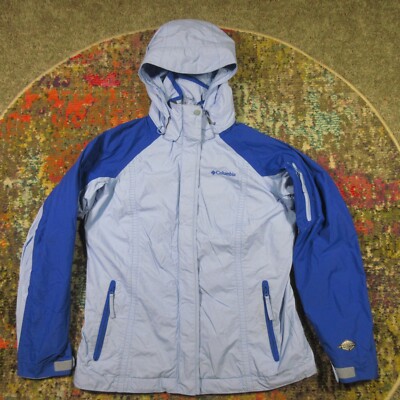 Columbia Hooded Rain Jacket Womens M Blue Omni-Tech Lined Shell Bugaboo