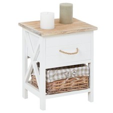 Table de chevet nuit 1 tiroir 1 panier bois paulownia shabby chic naturel blanc