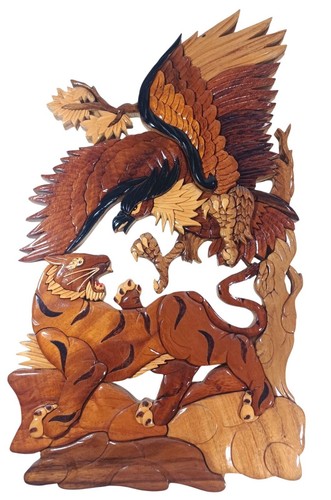 Handcrafted Wood 3D Intarsia Wall Sculpture Art Tiger Patriotic Eagle Battle XL - Picture 7 of 8