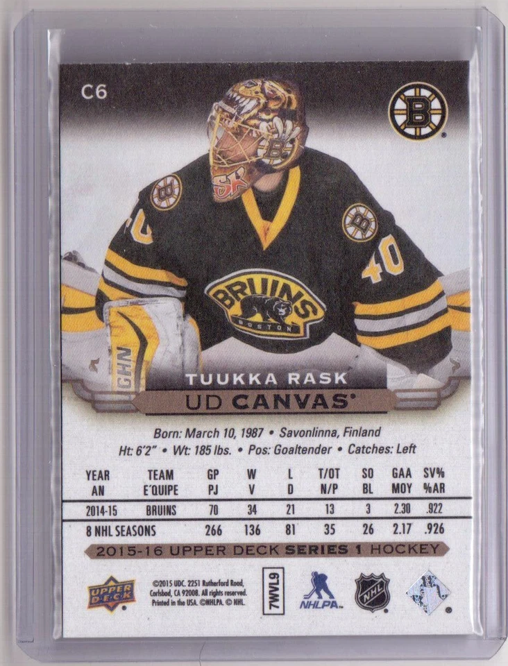 TUUKKA RASK 15/16 Upper Deck UD #C6 Canvas SP Boston Bruins Insert Hockey Card - Image 2 of 2