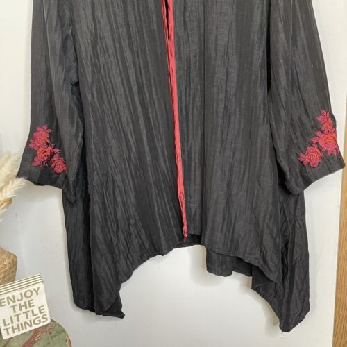 CITRON Santa Monica Black Linen Silk Kimono DusterJacket Embroidered Asian 3X - Picture 7 of 22