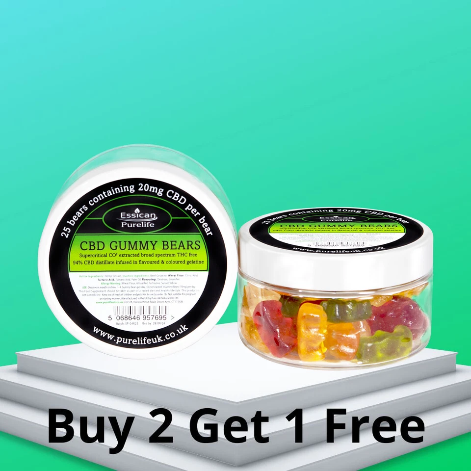 PURE LIFE CBD Gummy Bears Broad Spectrum THC Free 10mg-20mg x25pcs 250mg-500mg Edibles