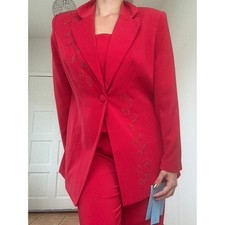 Faith Vintage Red Pant Suit Set Womens Size 14 Beaded Blazer Pants NWT