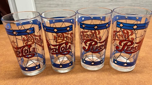 Vintage 1970's Pepsi Cola Tiffany Style Stained Glass 10 Ounce Glasses Lot of 4