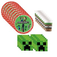 Minecraft Partydeko Set Kindergeburtstag 36-Teilig Gamer Geschirr Teller Becher