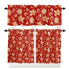3 Pieces Kitchen Curtains Valances Set Red Christmas Gingerbread Man Short Cu...