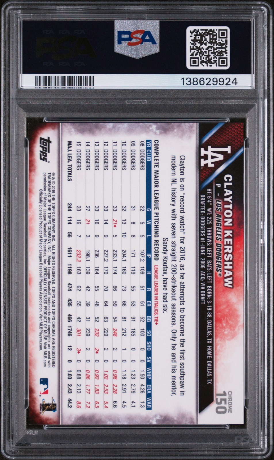 2016 TOPPS CHROME SAPPHIRE EDITION #150 CLAYTON KERSHAW PSA 9 view 2