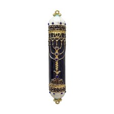 Exquisite Black Gold Enamel Mezuzah Case Blue Crystal Accent Judaica Art