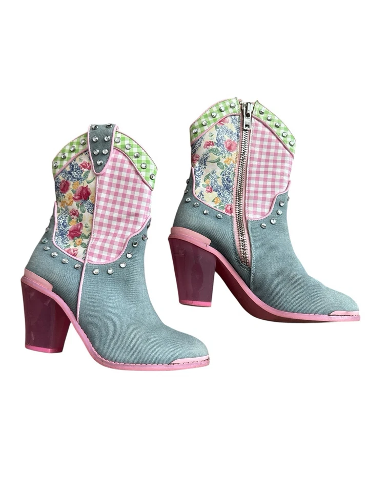 Muñecas Kill Pastel Patchwork Botas Rosa Guinga Floral Estrás Denim Talla 5 Foto 4 de 4