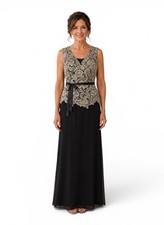 NWT Alex Evenings Sleeveless Black Gown Size 8 Chiffon with Gold Embroidered Top