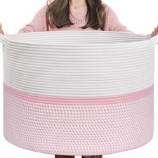 Extra Large Cotton Rope Woven Basket XXL Throw Blanket Storage Pink 22x22x14
