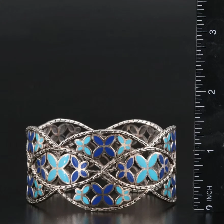 John Hardy Sterling Silver Blue Floral Enamel Kawung 7.5" Inch Bangle Bracelet - Image 3 of 4