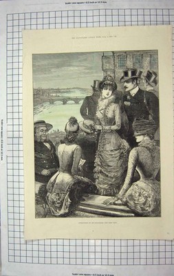 Original Old Antique Print 1882 Oxford Cambridge Boat Race Thames River Bridge