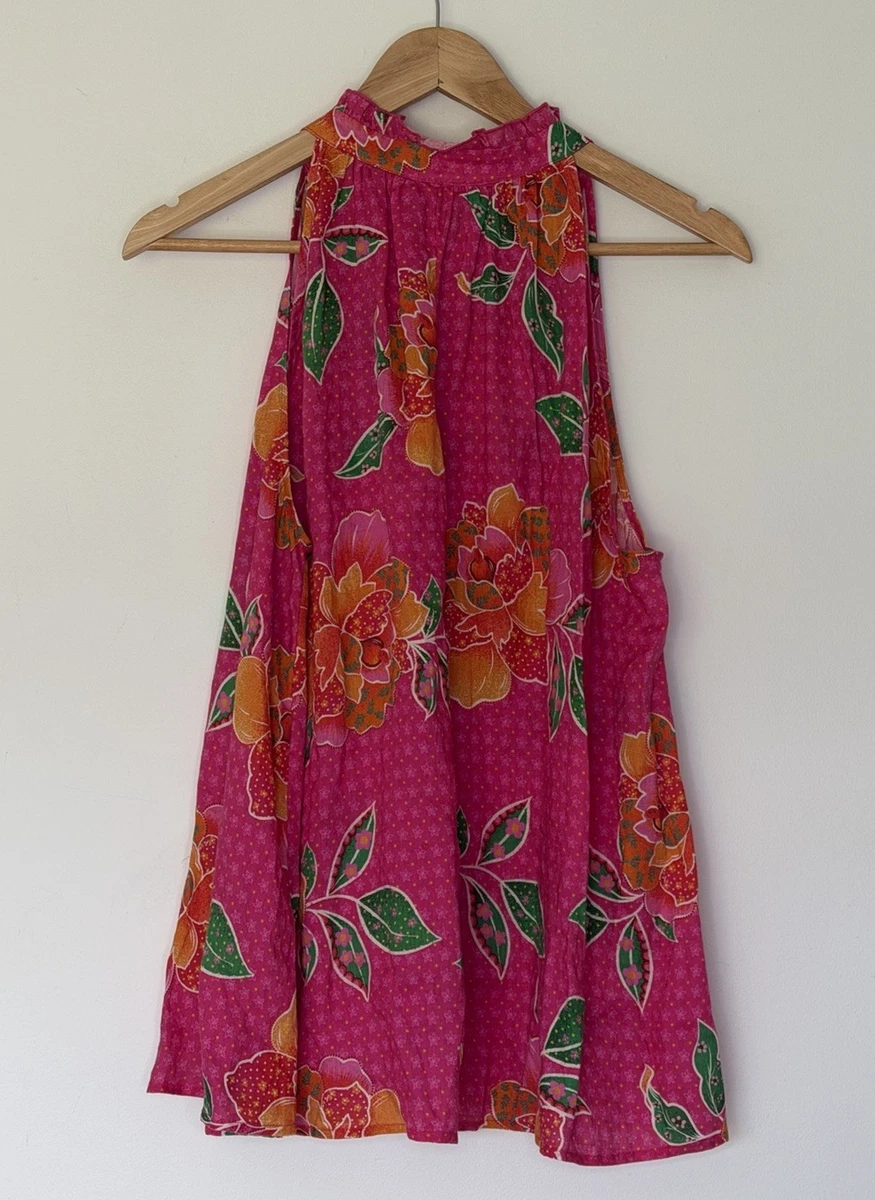 Sussan NWT 100% Linen Fuchsia Floral Ruffle Boho Tie Neck Sleeveless Top Sz 14