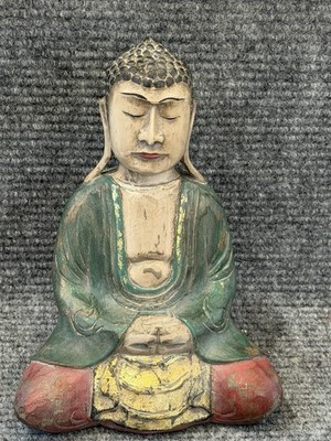 Vintage Hand Carved Wooden Buddha Statue Meditation Figure 10  Distressed