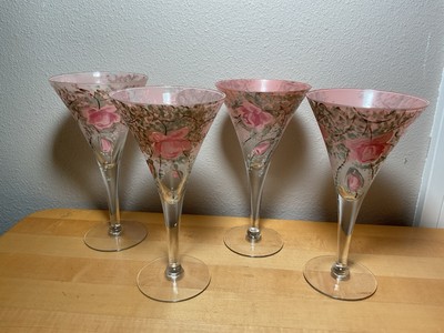 4 Hand Painted Stemmed Wine / Martini Glasses w/Pink Roses Flowers