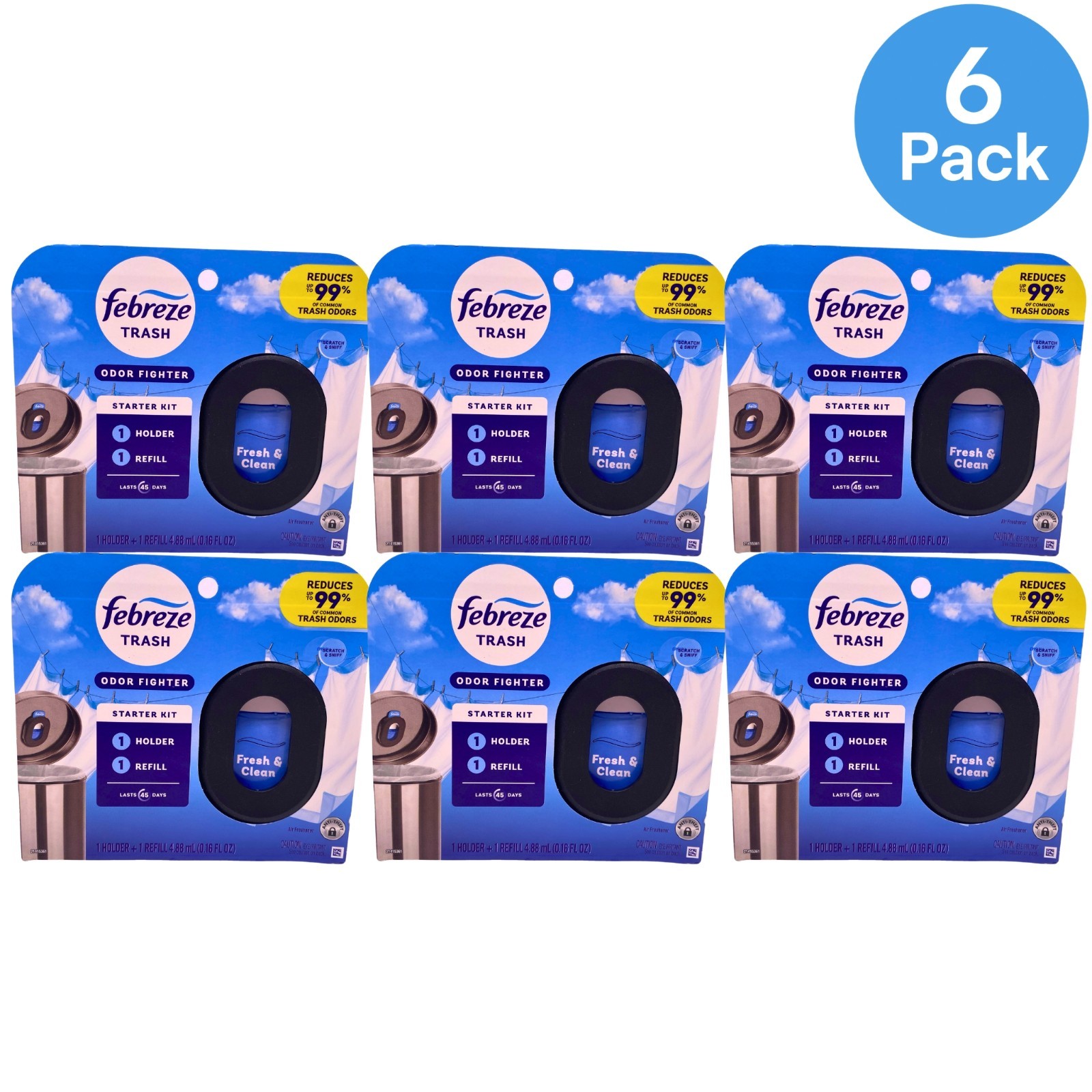 Febreze Trash Odor Fighter Starter Kit Fresh & Clean Scent Air Freshener 6 Pack