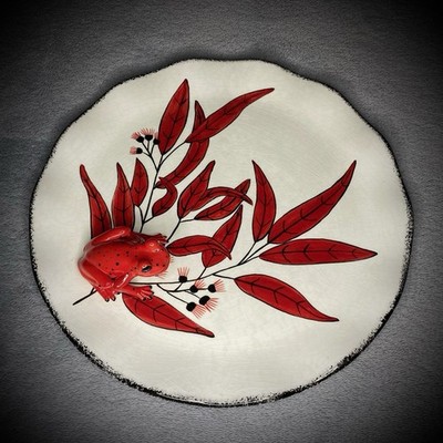 Kunstkeramik roter Frosch Teller - kreatives Handwerk - Handarbeit - australisch - 10 Zoll