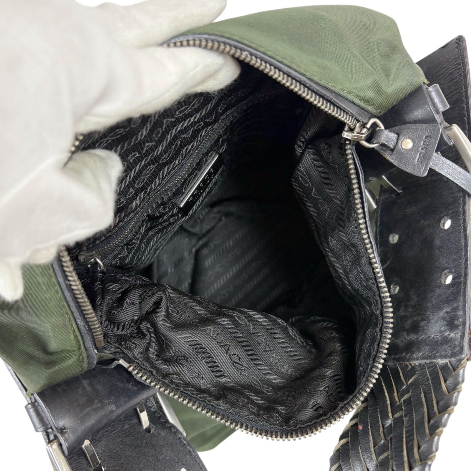 PRADA Triangle Logo Khaki Green Tessuto Nylon Leather Shoulder Bag Vintage thumbnail 8