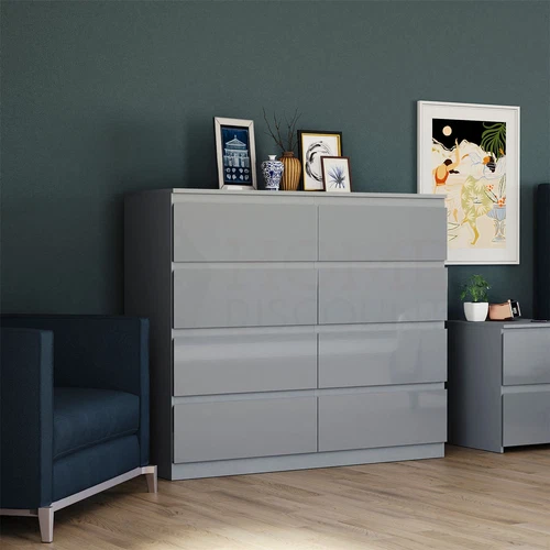 SALE 8 Drawer High Gloss Chest Bedroom Storage Grey (FSC 100%)