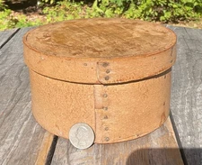 Antique Old Putty Brown Painted Wooden Circular Pantry Box & Lid 6.5" D Country