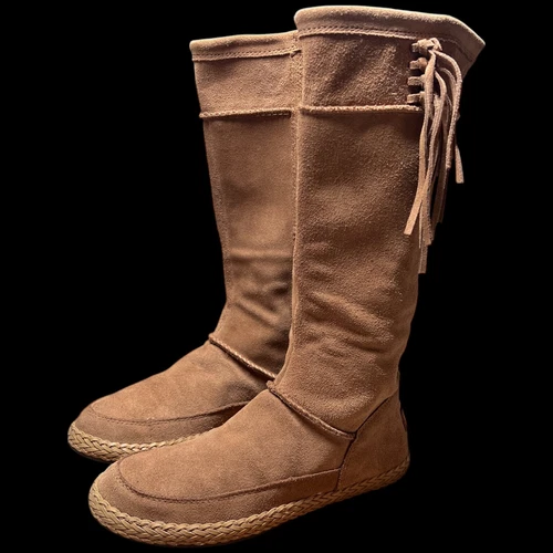 Stivali piatti UGG Emerie donna taglia 7 castagno al ginocchio pelle scamosciata nappe