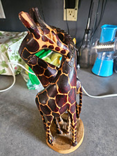 Carved Wooden Giraffe Figurine Sculpture Pair 2 Giraffes on Base