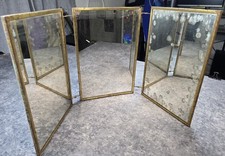 Vintage Antique Tri-fold 3-panel Metal Frame Beveled Vanity Gold Mirror Read