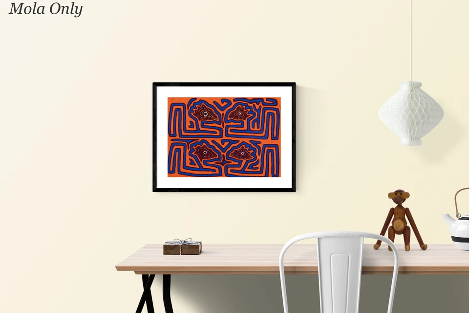 Kuna Indian Hand Stitch Orange and Blue Panama Mola Textile Art - Image 2 of 4