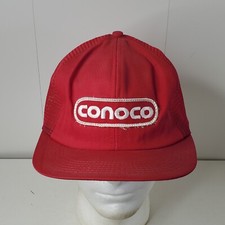 VTG Conoco Gas Station Logo Patch Mesh Trucker Snapback Hat Baseball Cap Red